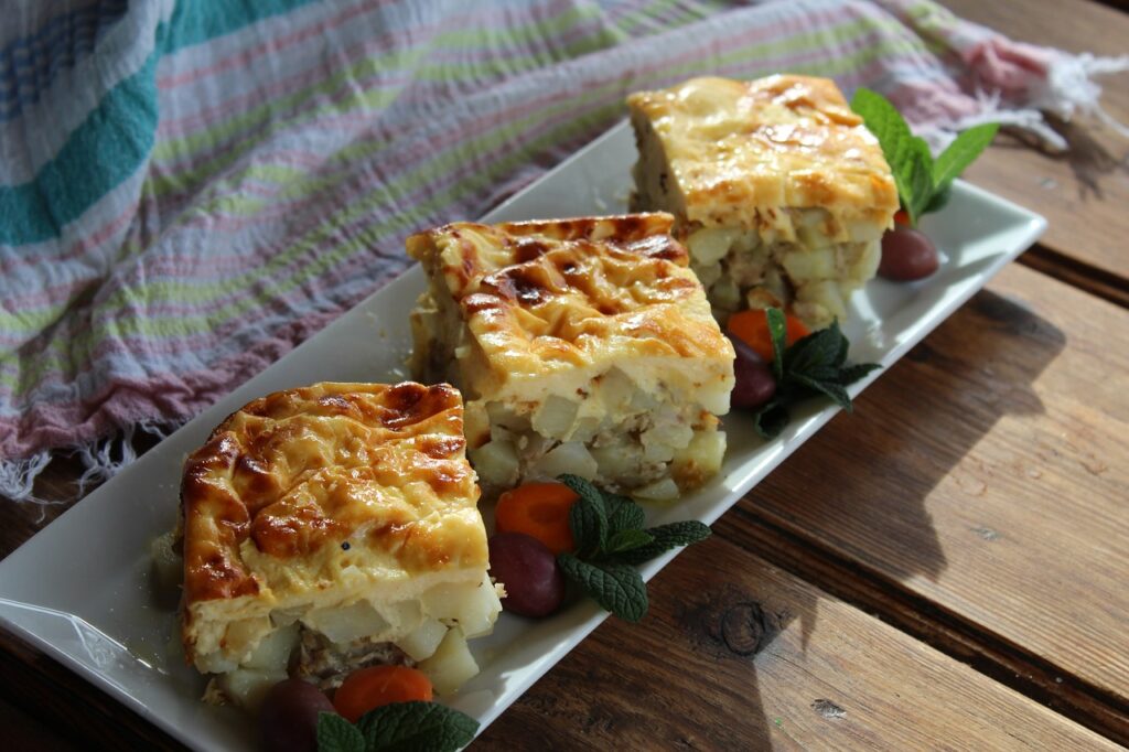 mousaka, potatoes, meat